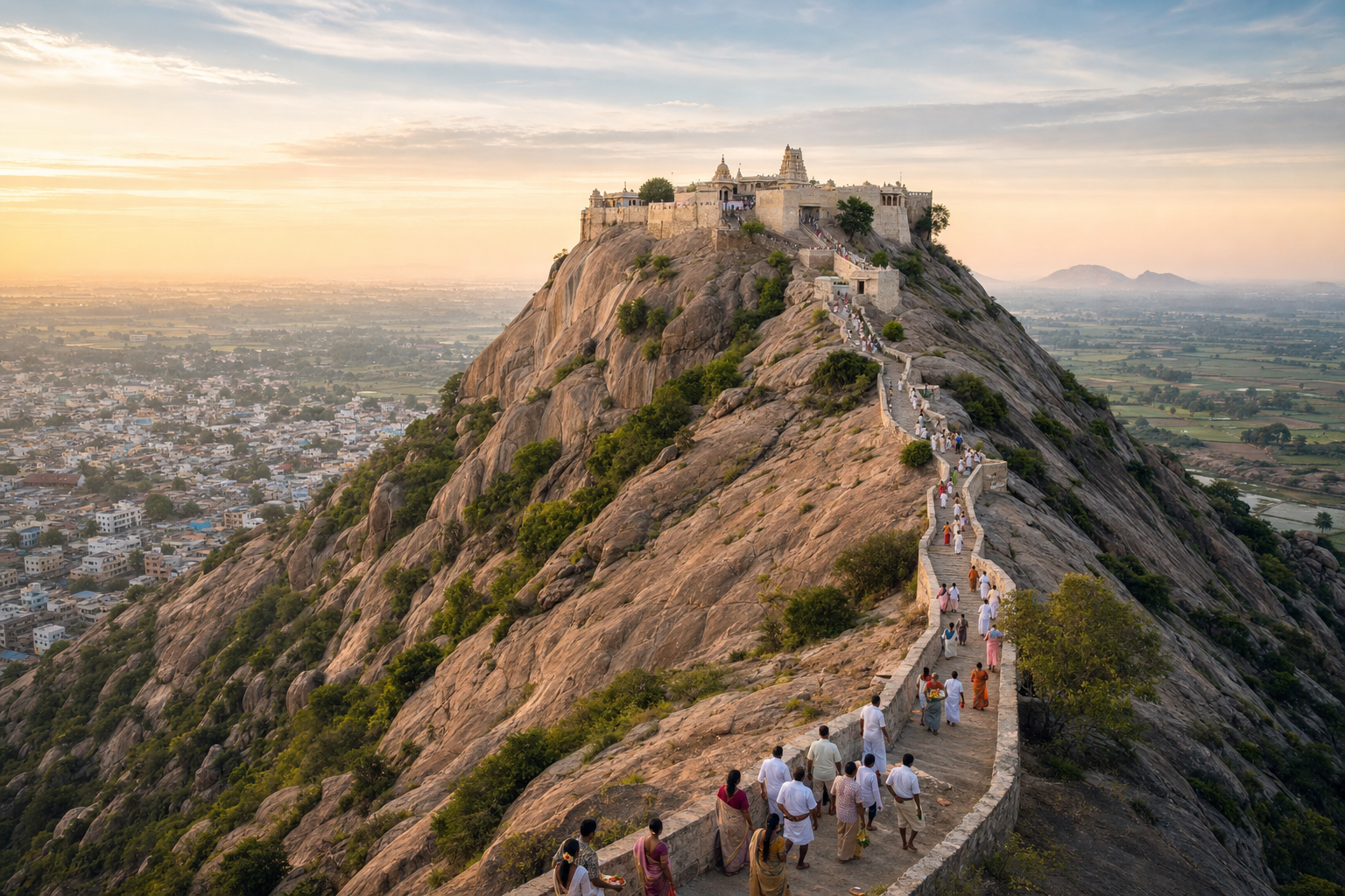 Pilgrims climb the stone steps of Tiruchengode hill toward the temple complex at dawn, with the surrounding town and fields visible below.