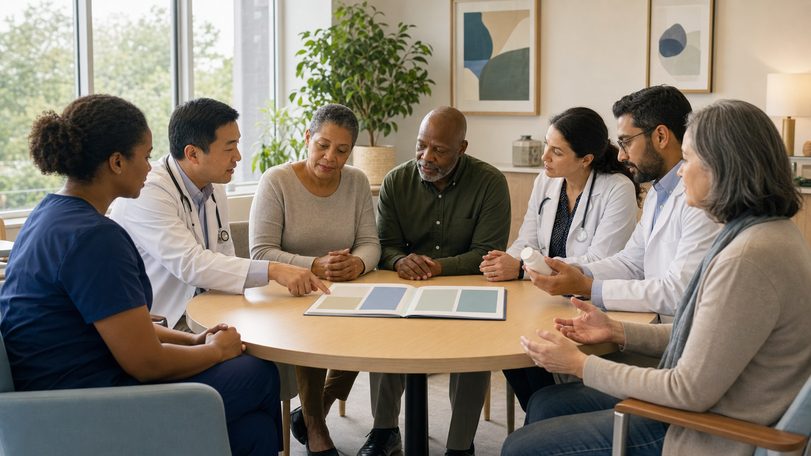 A patient, support person, and multidisciplinary care team review the same open care-plan folder during a clinic meeting.