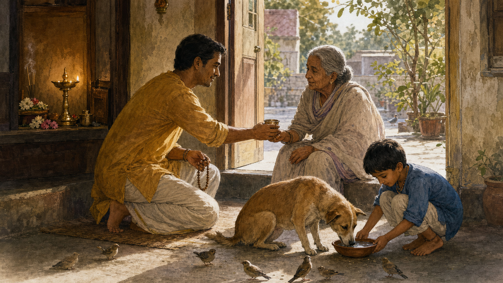 A devotee beside a home shrine offers water to an elderly neighbor while a child sets out water for a street dog and birds in a sunlit courtyard.