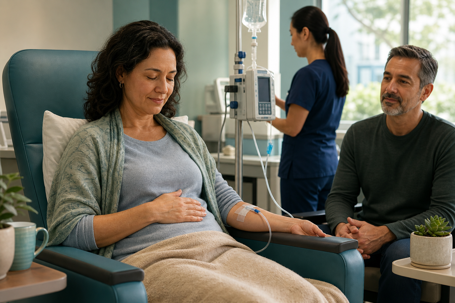 A patient practices quiet breathing in an outpatient infusion chair while a nurse checks the medical equipment and a companion sits nearby.