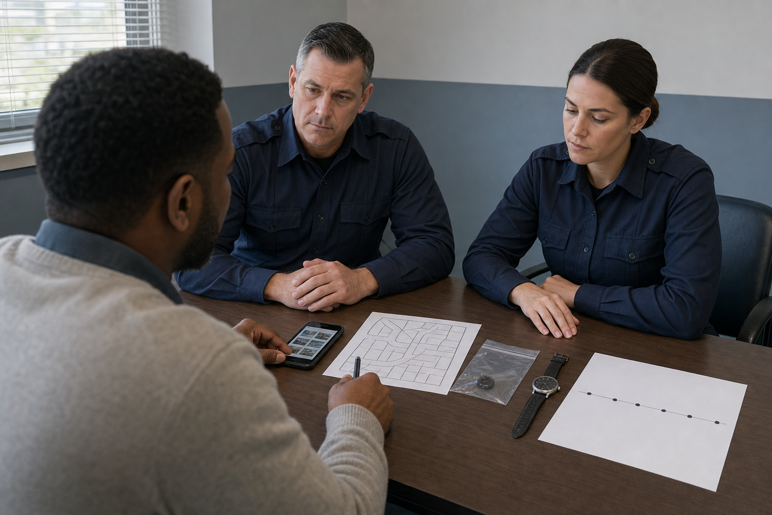 A community liaison presents a phone, location sketch, and preserved evidence to two police officers in an interview room.