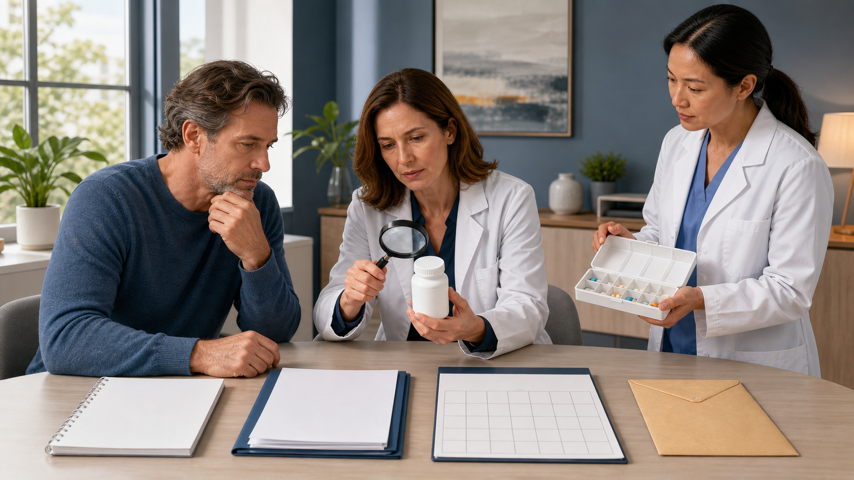 A patient, clinician, and pharmacist inspect an integrative program's supplement bottle, blank documents, schedule, and cost envelope at a consultation desk.