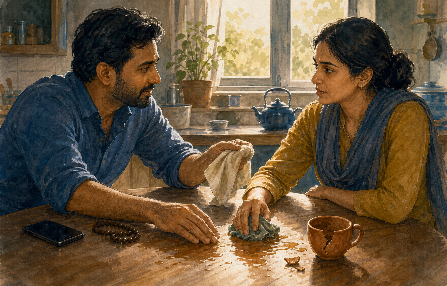 Two adults make eye contact and clean spilled tea together at a kitchen table, with a phone set aside and prayer beads nearby.