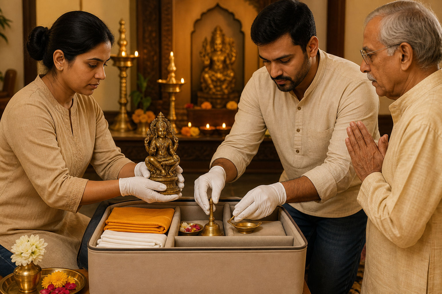Volunteers carefully place a brass murti and ceremonial objects into a padded box inside a softly lit prayer room.