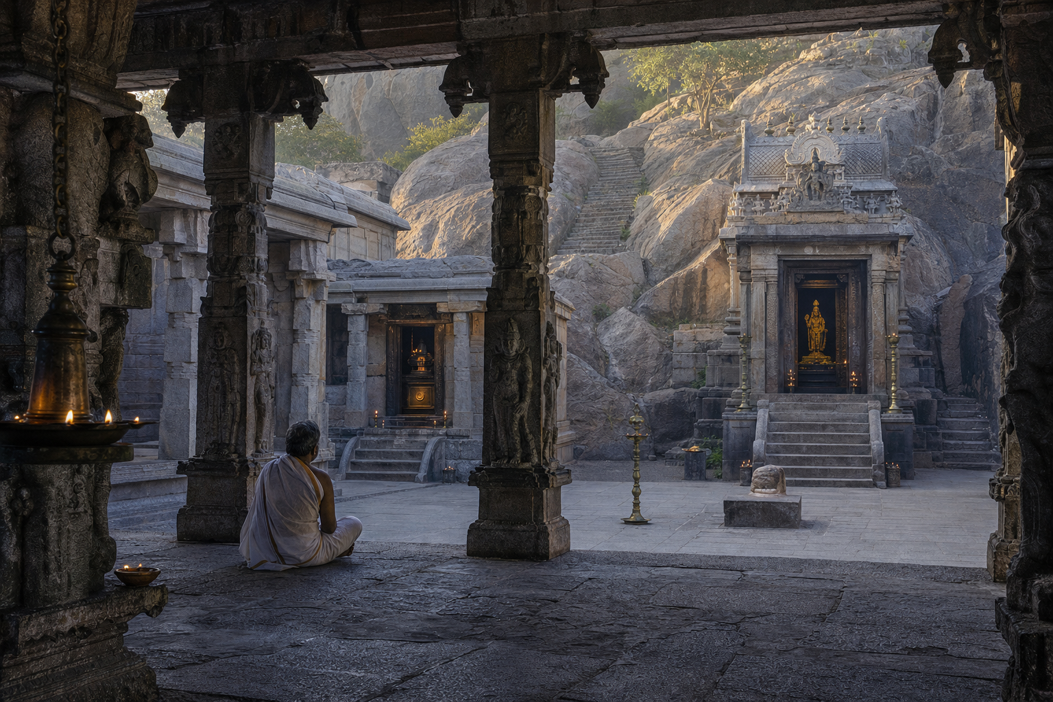 A pilgrim stands in a stone mandapa at the Tiruchengode hill temple, looking through layered pillars and courtyards toward separate shrine approaches.