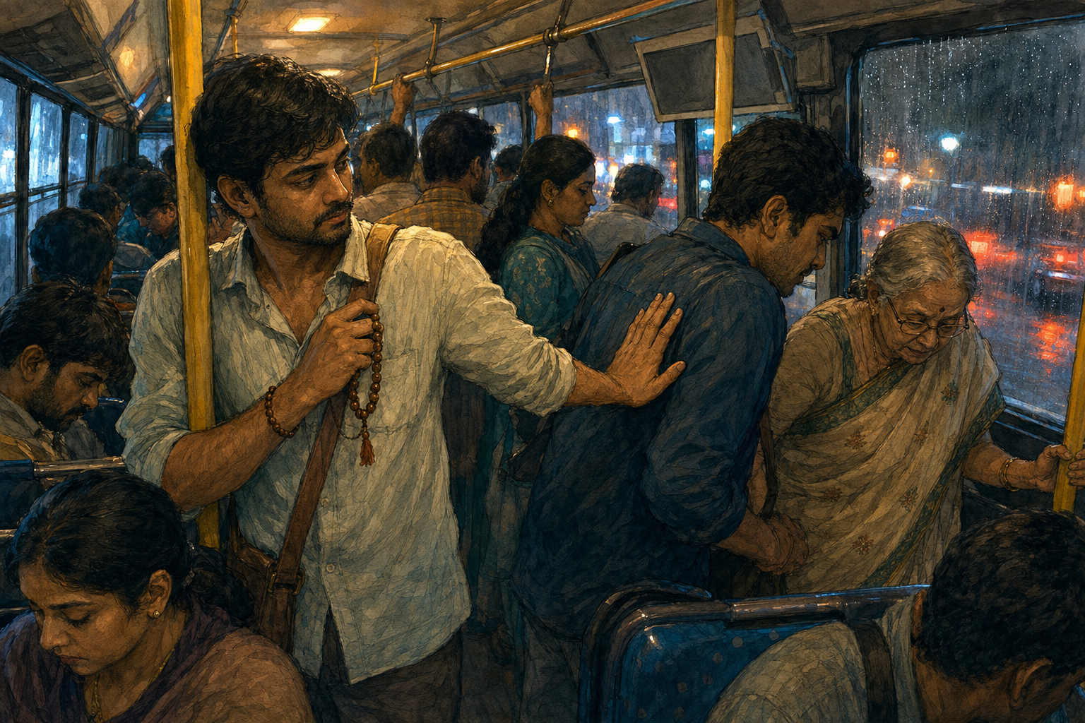 A commuter holding prayer beads steadies a passenger who stumbled and makes space for an older rider on a crowded bus.