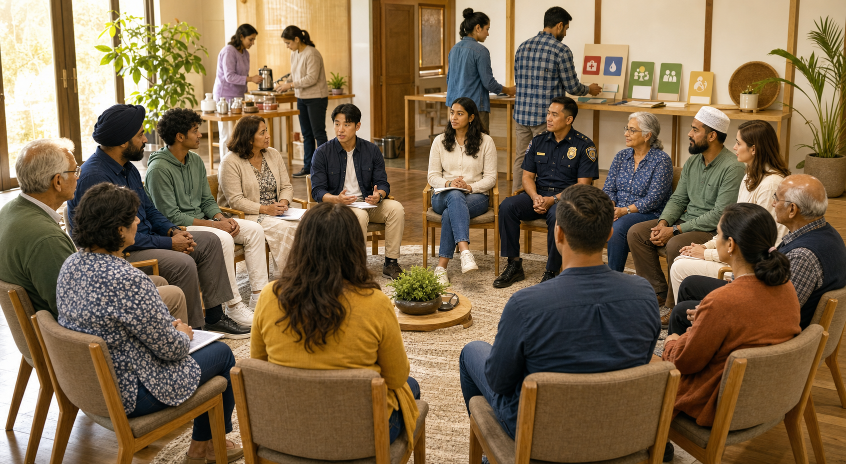 Residents of different ages and faith backgrounds sit in a facilitated circle with a community police liaison in a sunlit meeting room.