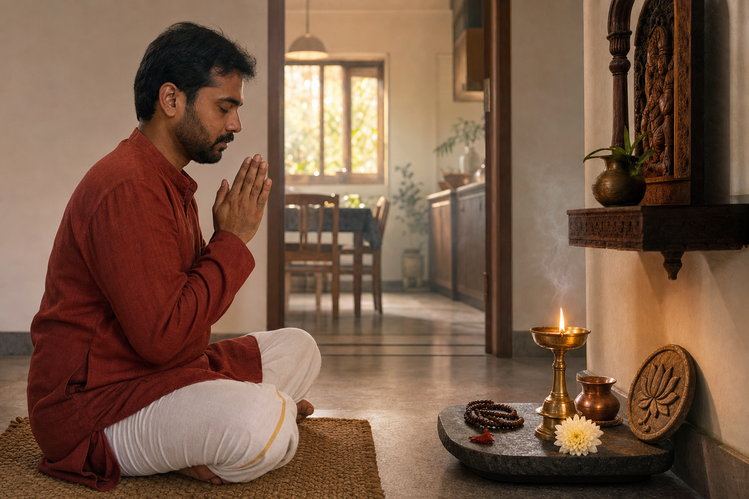 A person sits with folded hands before a small home altar holding a brass lamp, flower, water vessel, prayer beads, and carved lotus.