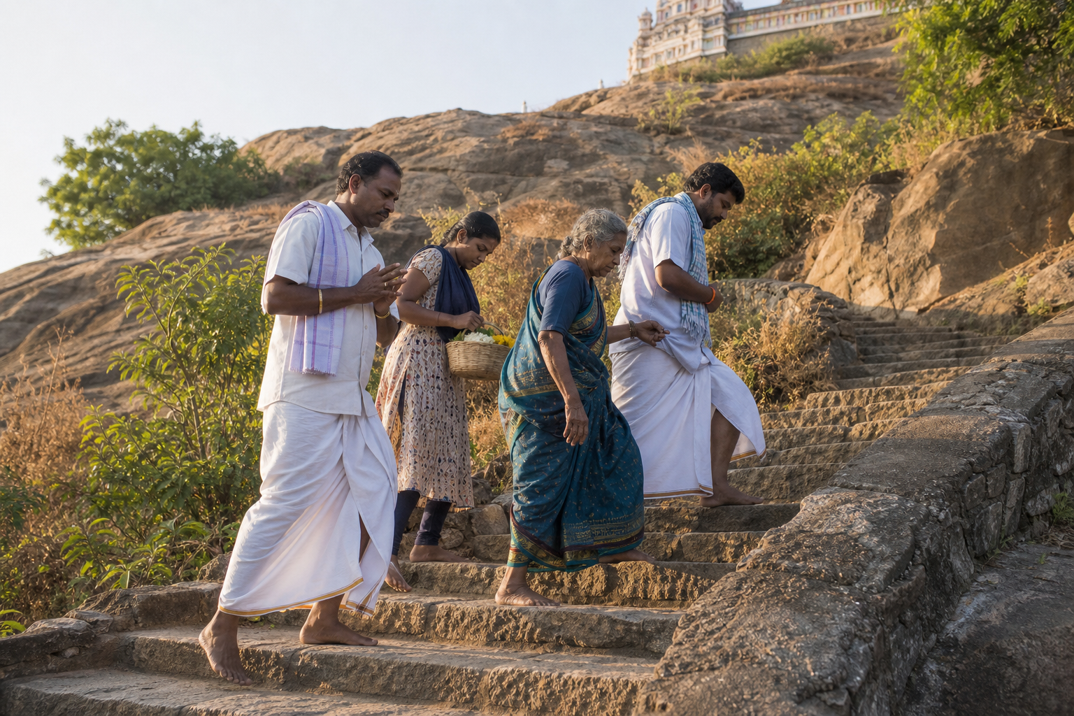 A multigenerational group of barefoot pilgrims climbs the curving stone steps of Tiruchengode hill in the morning light.