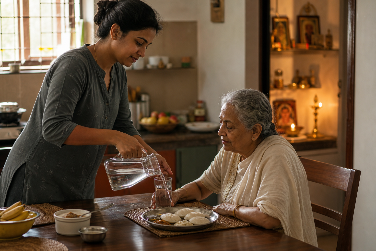 An adult gently serves breakfast and water to an older family member while a lit home altar is visible in the next room.