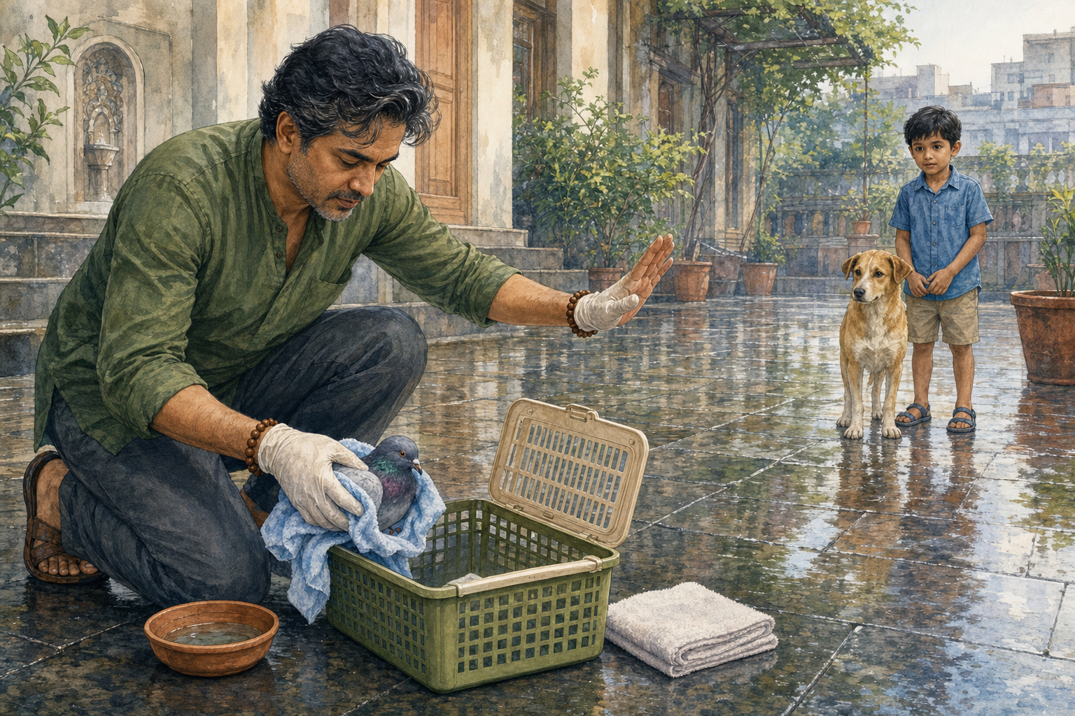 An adult wearing gloves helps an injured pigeon into a rescue basket while signaling a child and dog to keep a safe distance.