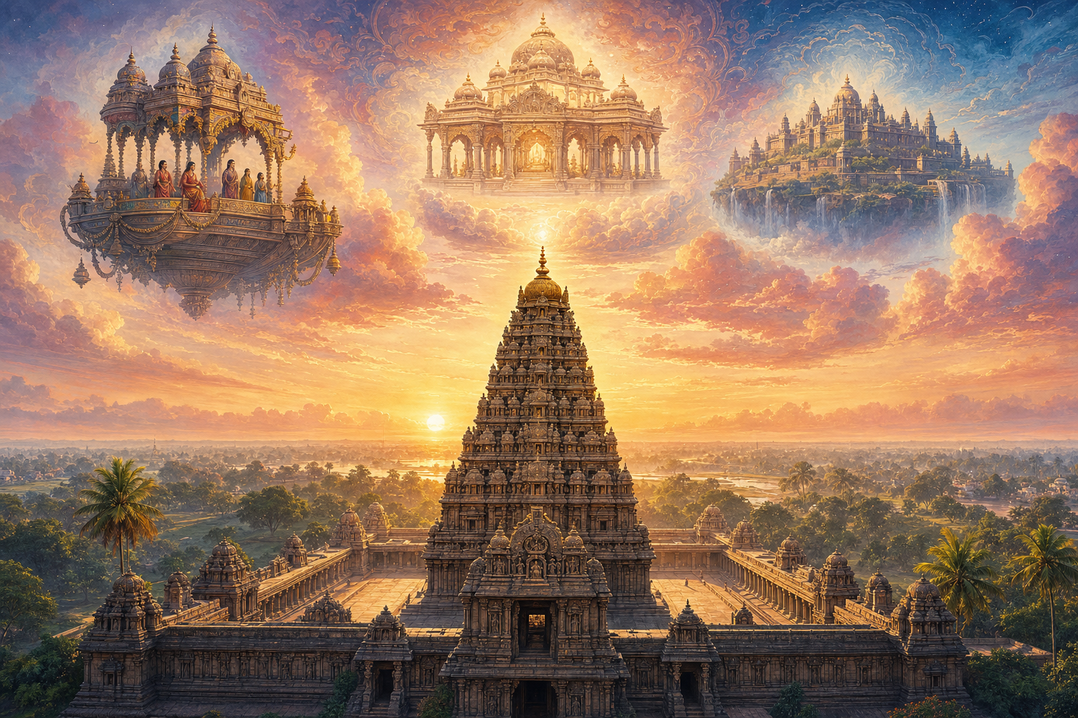 A tiered South Indian temple vimana rises beneath visionary clouds containing an aerial conveyance, a celestial pavilion, and a floating fortified city.