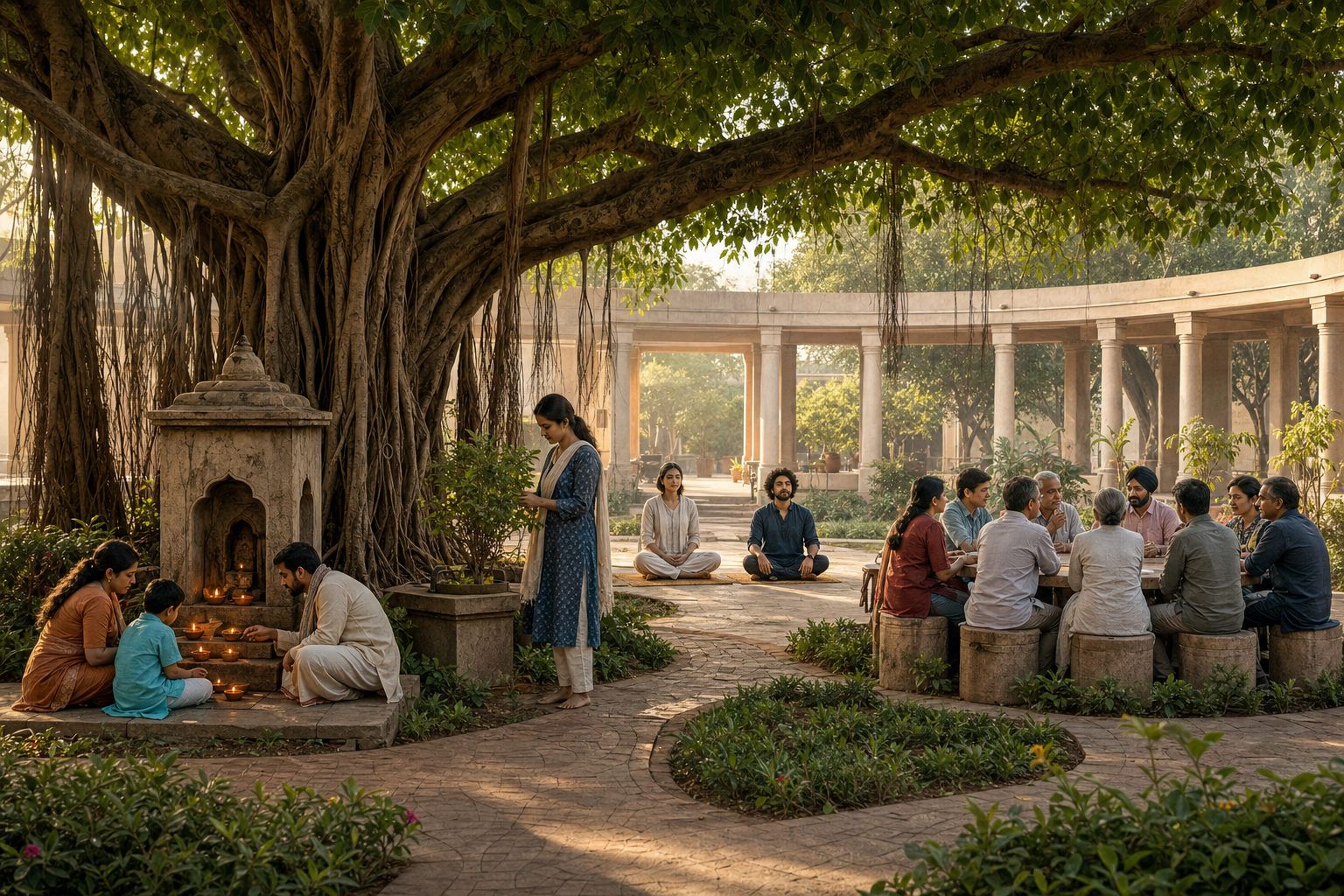 An illustrated civic courtyard beneath a banyan tree where people light lamps, tend a tulsi plant, meditate, and gather around a public table.