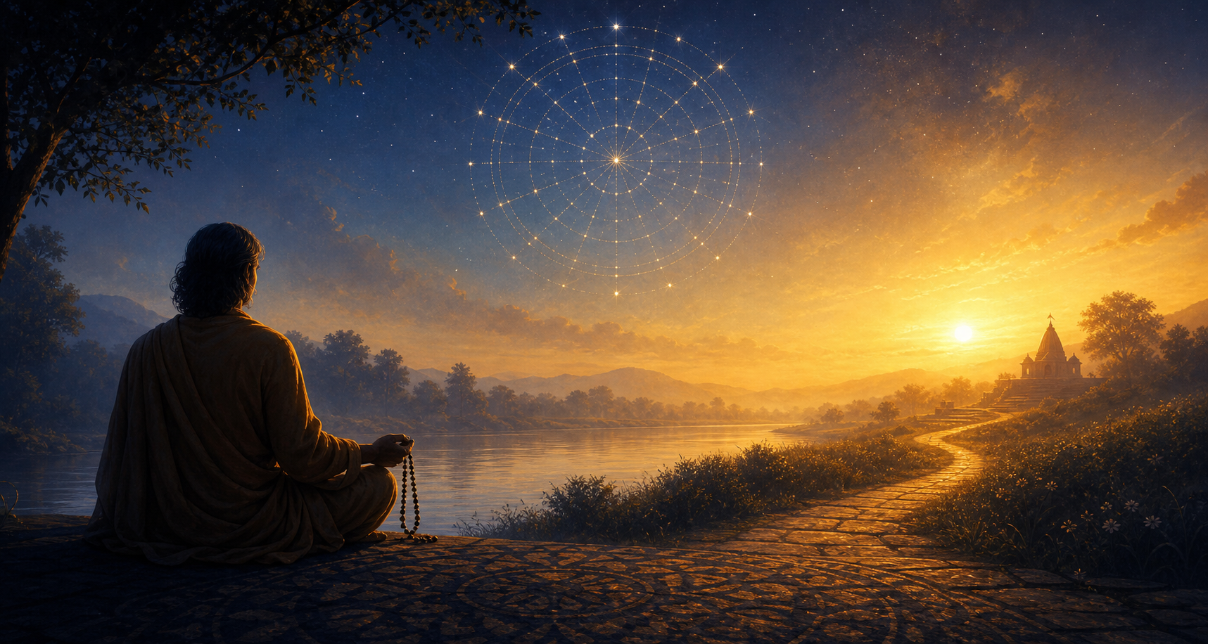 A seated devotee holds wooden prayer beads beside a river while a starry celestial wheel glows above a path leading toward a distant temple.