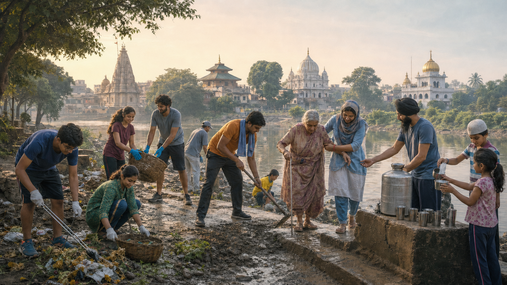 Volunteers of different ages clean a riverbank, repair a footpath, serve water, and assist an older resident near several distinct places of worship.