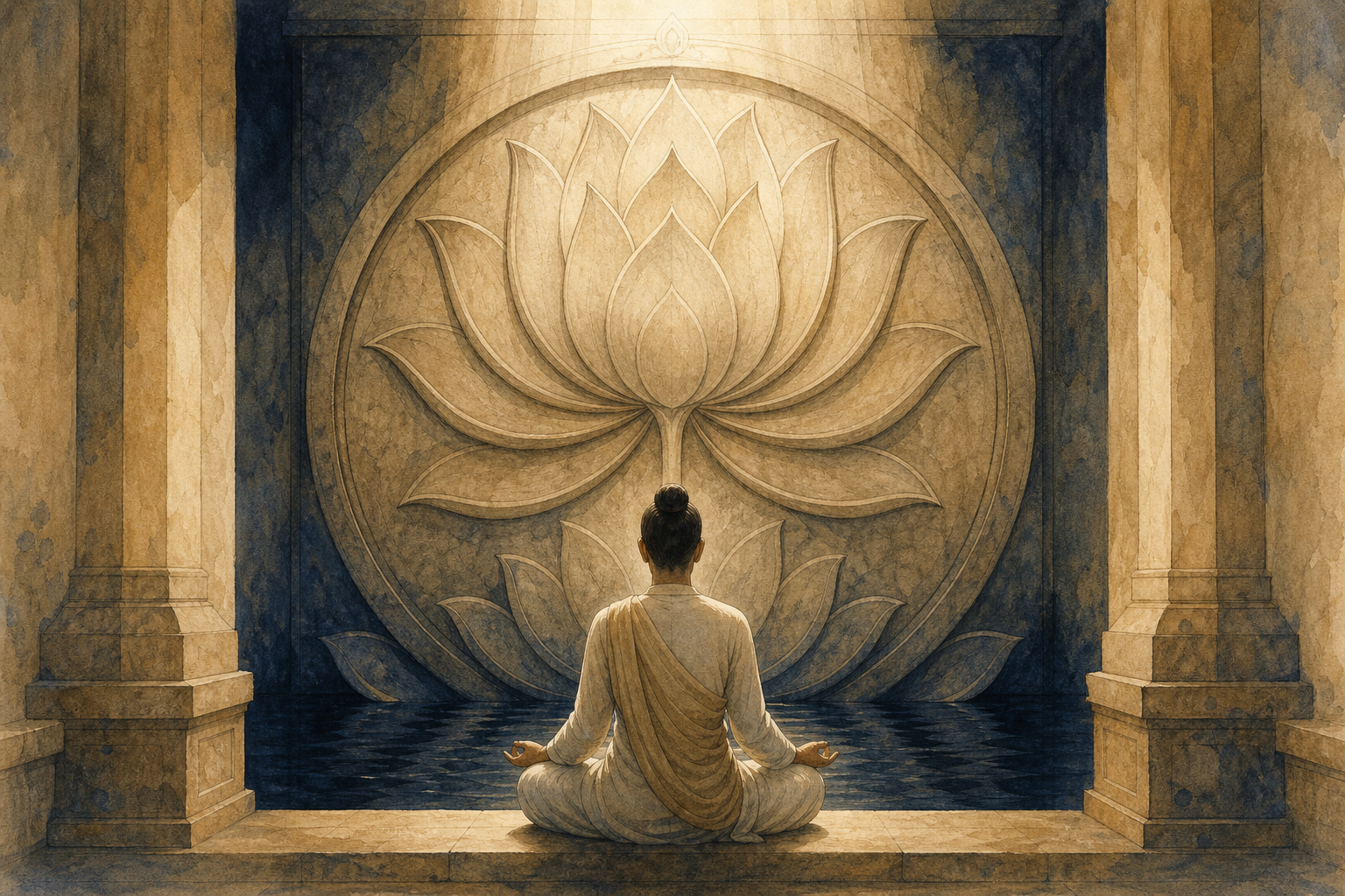 A seated devotee mirrors the upright form of a carved lotus medallion illuminated by soft daylight.