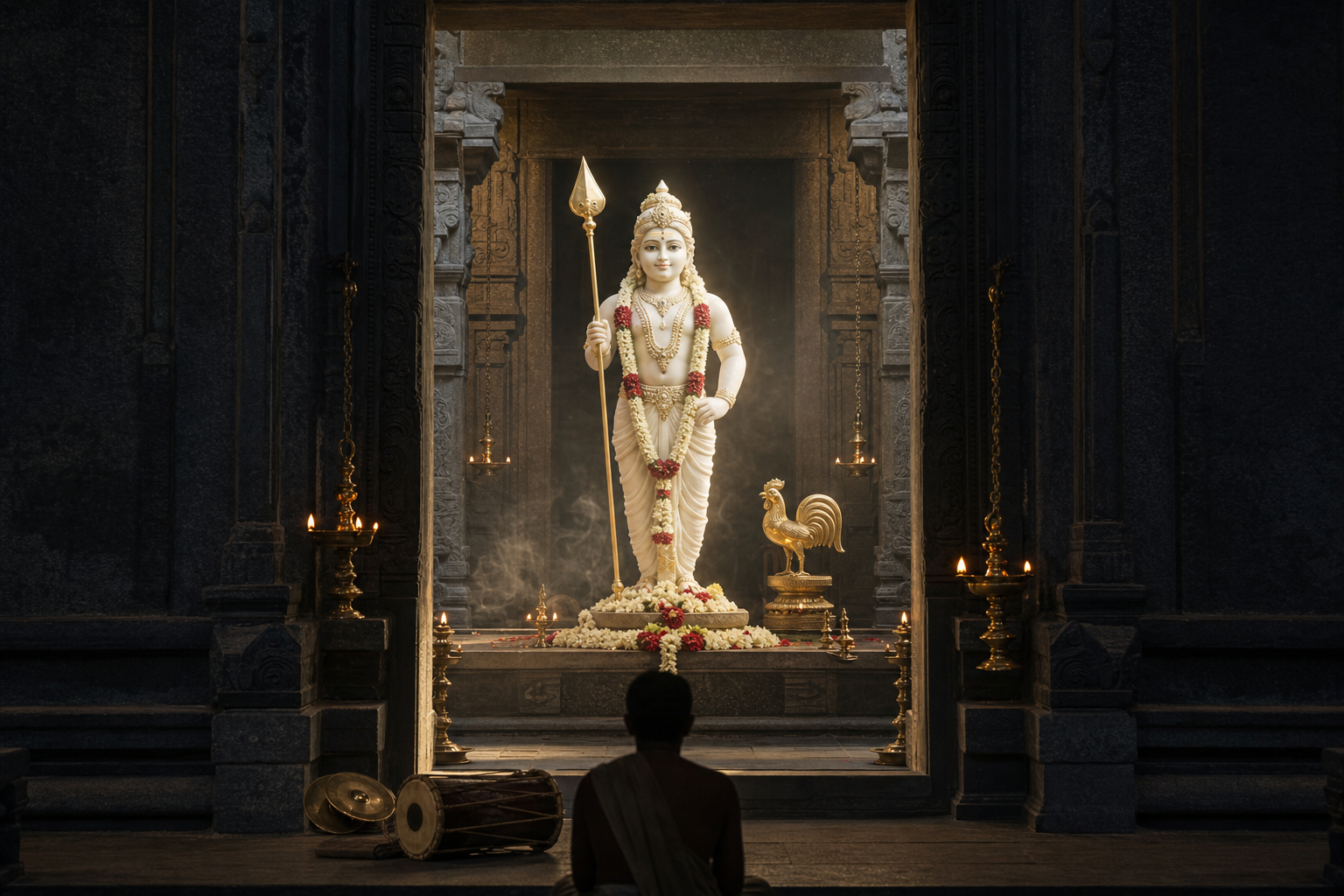 The pale Sengottuvelan form stands in a stone sanctum holding the Vel, with the rooster emblem, lamps, flowers, and a devotee at the threshold.
