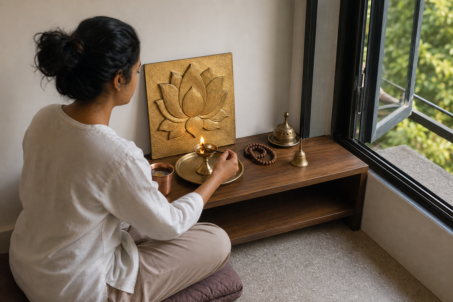 A person prepares a compact home altar arranged with a lotus relief, lamp, water cup, flower, prayer beads, bell, and incense holder.