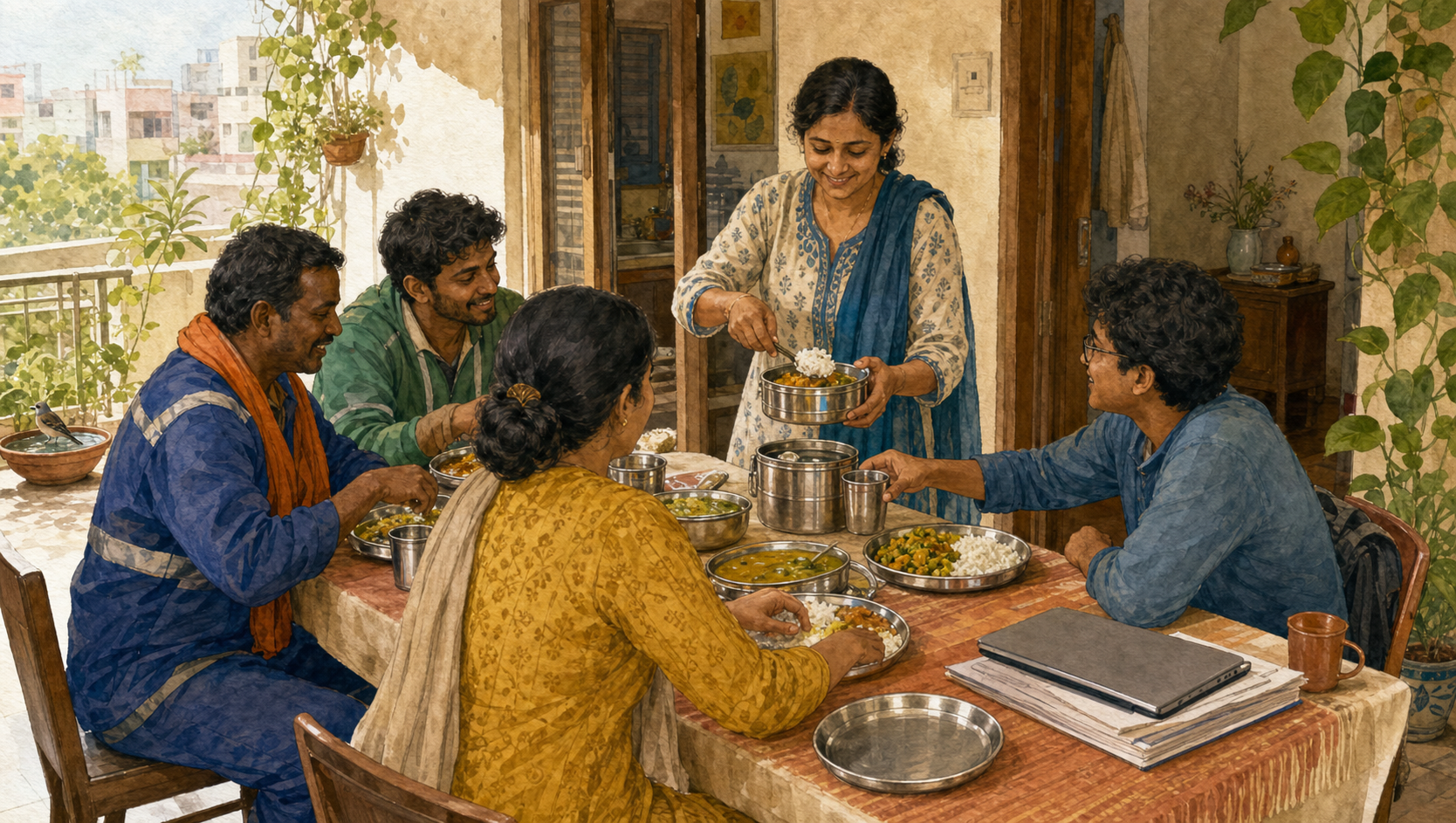 People from a household and the surrounding community share a simple meal while a host packs another serving into a steel tiffin.