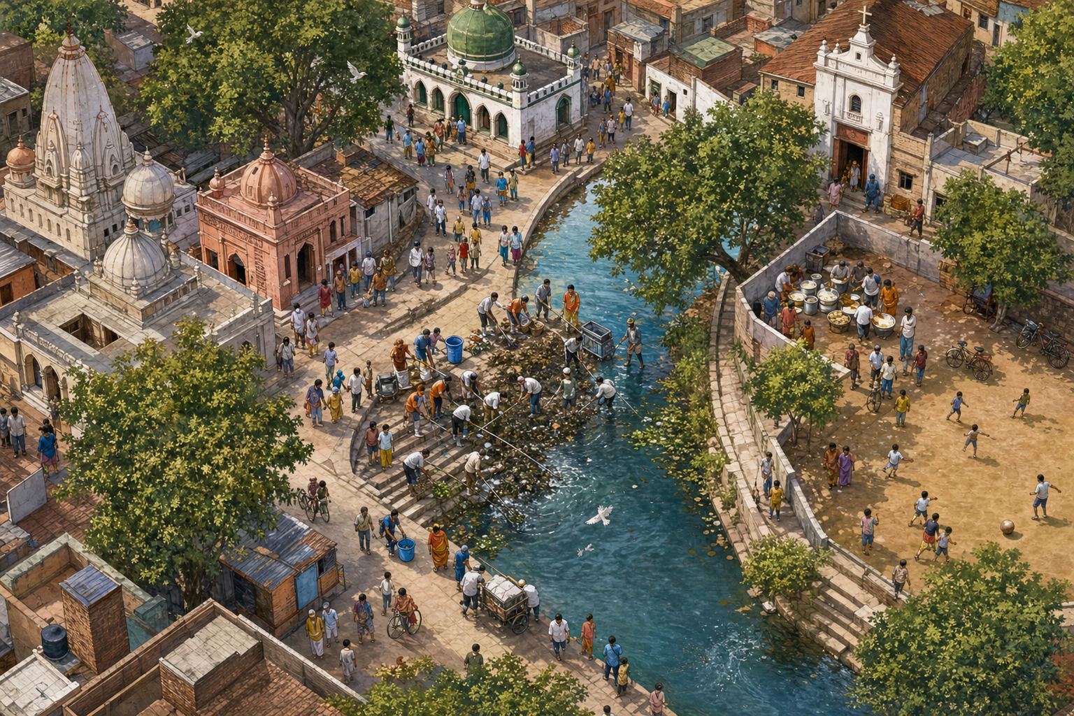An elevated view of a neighborhood shows people from several nearby institutions walking toward the same river steps, kitchen courtyard, and congested public route.