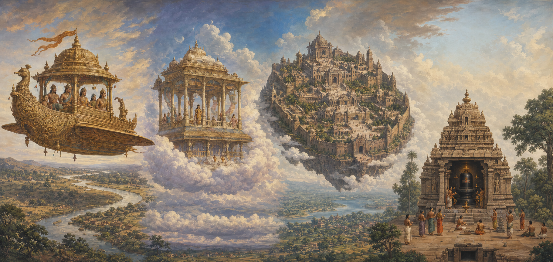Four scenes distinguish an aerial conveyance, a celestial pavilion, a floating fortified city, and the stone superstructure over a temple sanctum.