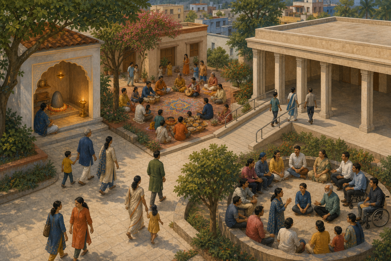 An isometric illustration shows a prayer alcove, cultural courtyard, public discussion circle, and civic hall connected by a walkway.
