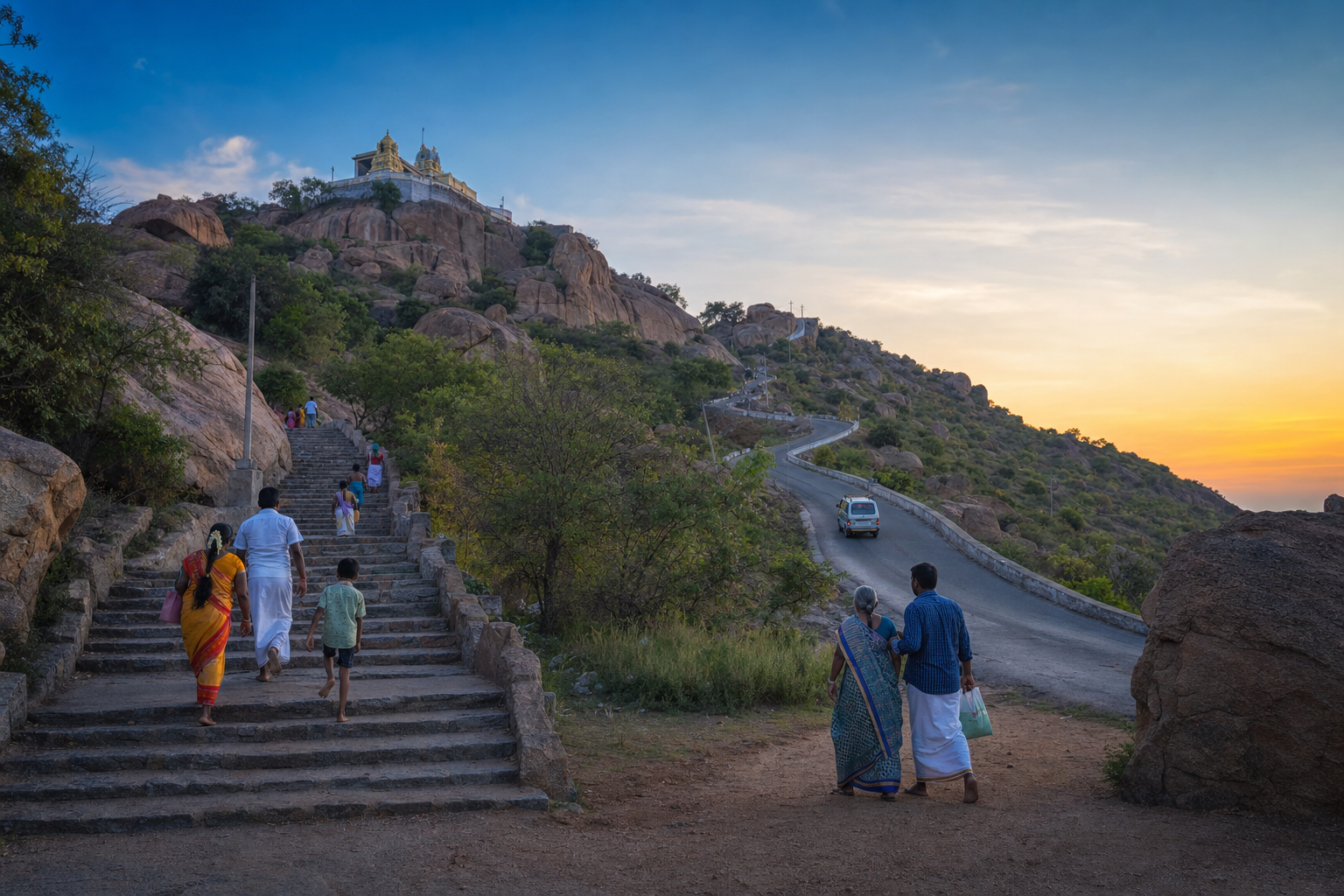 Pilgrims choose between the stone stairway and the curving road at the foot of Tiruchengode hill in the cool early morning.