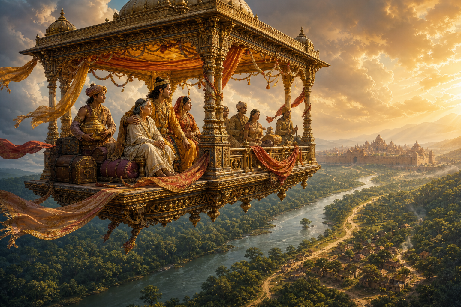 An ornate flying palace carries royal travelers from a forest landscape toward a distant walled city in a mythic narrative scene.