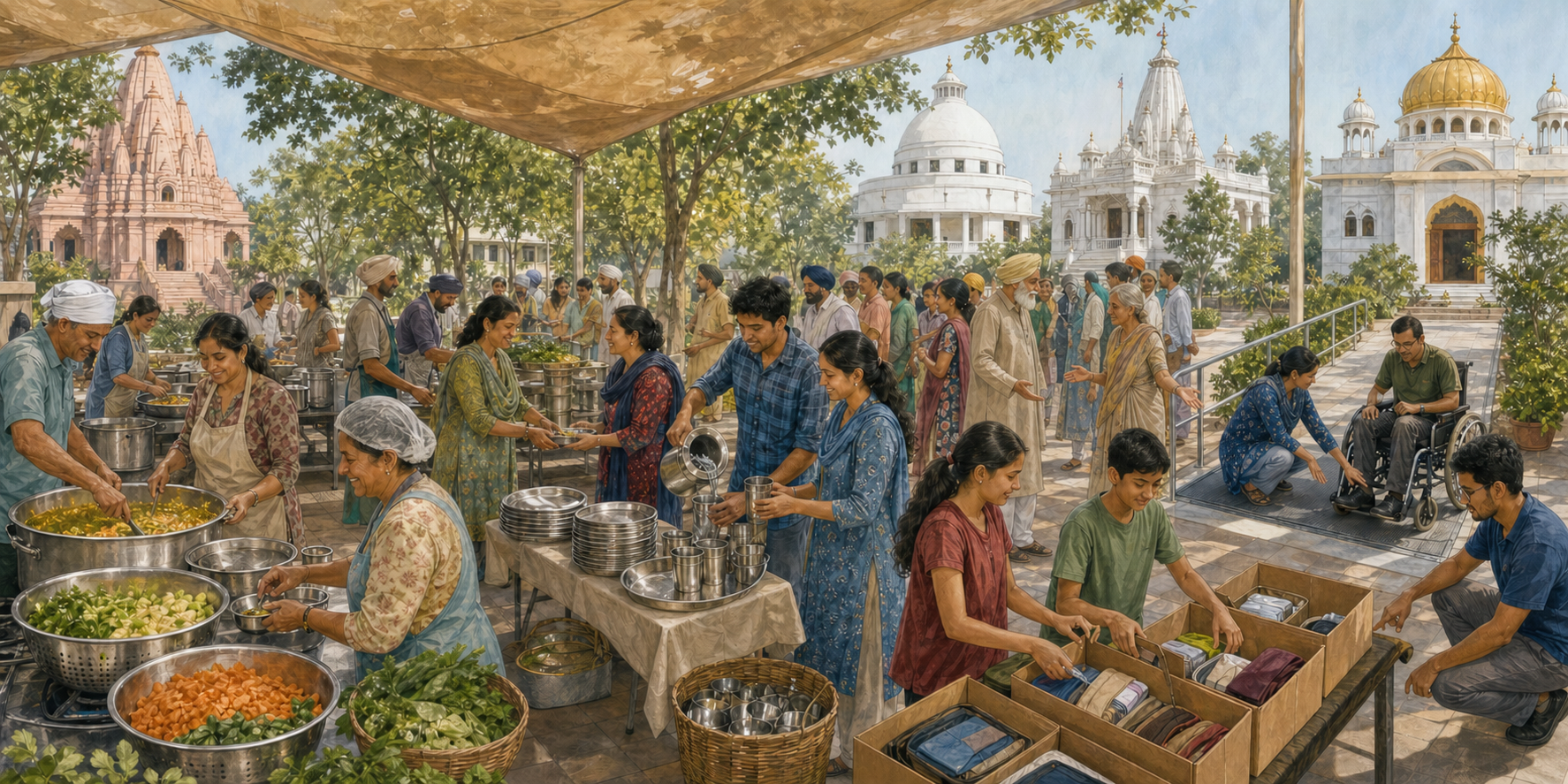 Community members cook food, manage water and reusable dishes, prepare care parcels, improve an entrance path, and welcome families in a shared courtyard.