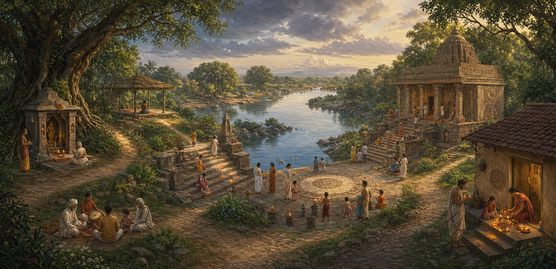 An imagined riverside landscape contains a tree shrine, stepped ghat, temple courtyard, meditation shelter, and home worship space linked by winding paths.