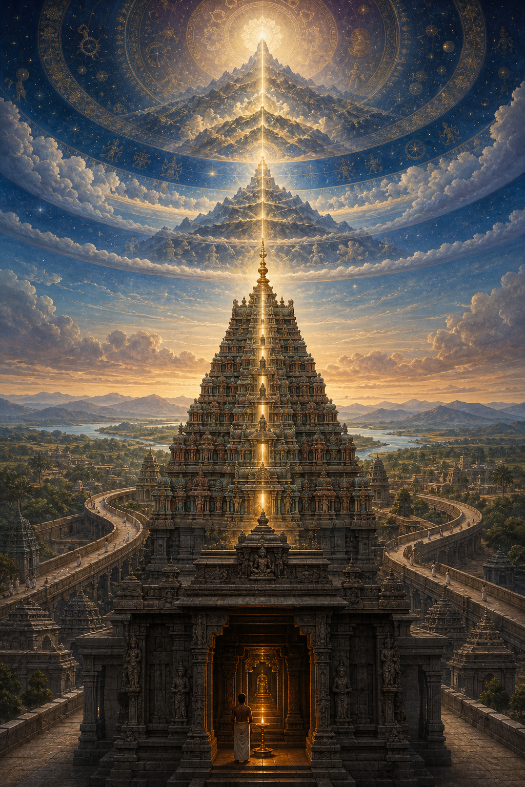 A cutaway temple shows a lamp-lit sanctum below a tiered vimana that visually merges with a luminous cosmic mountain and starry sky.
