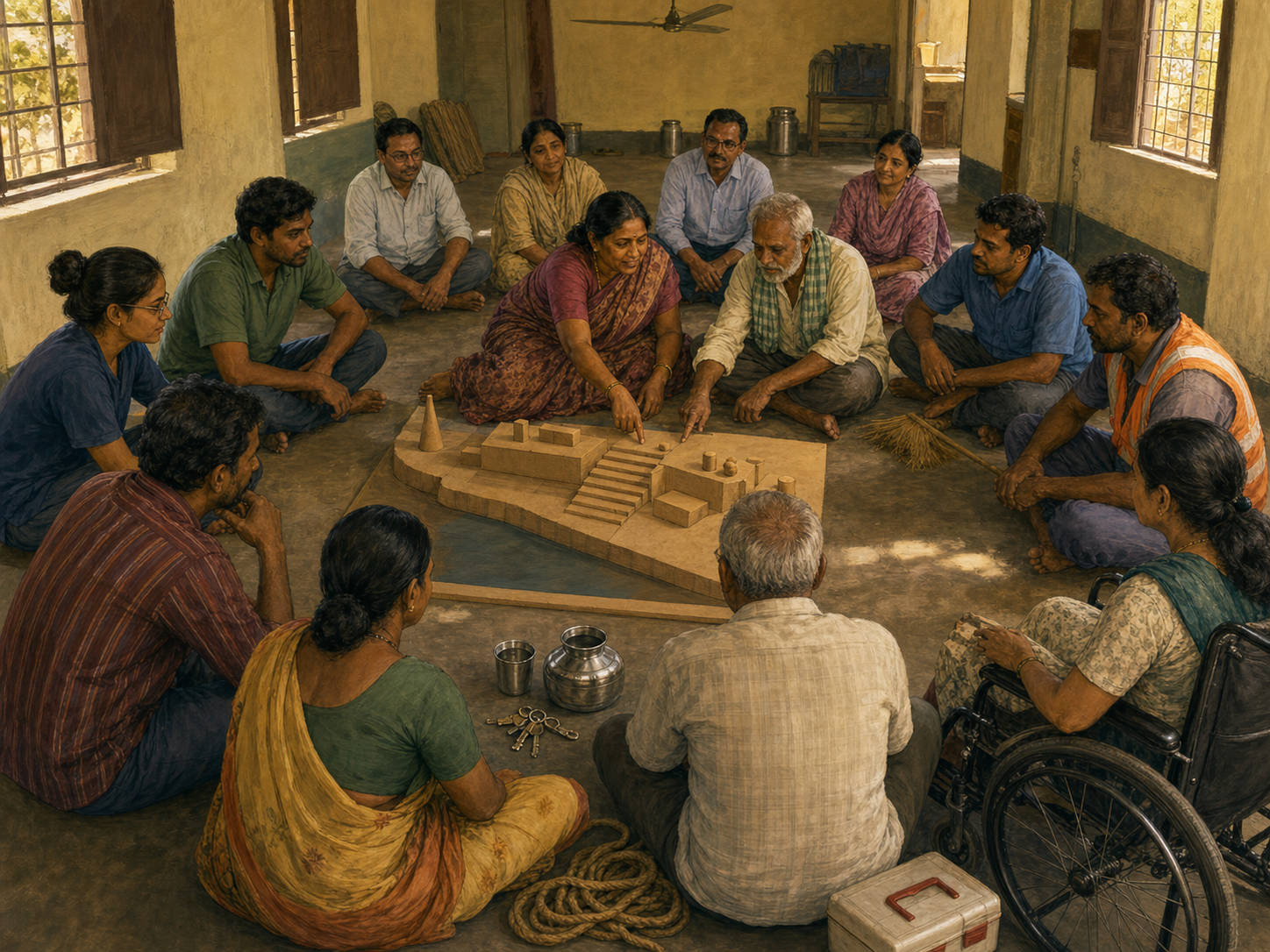Local caretakers, workers, volunteers, residents, and committee members sit in a circle around a model of their shared neighborhood site.