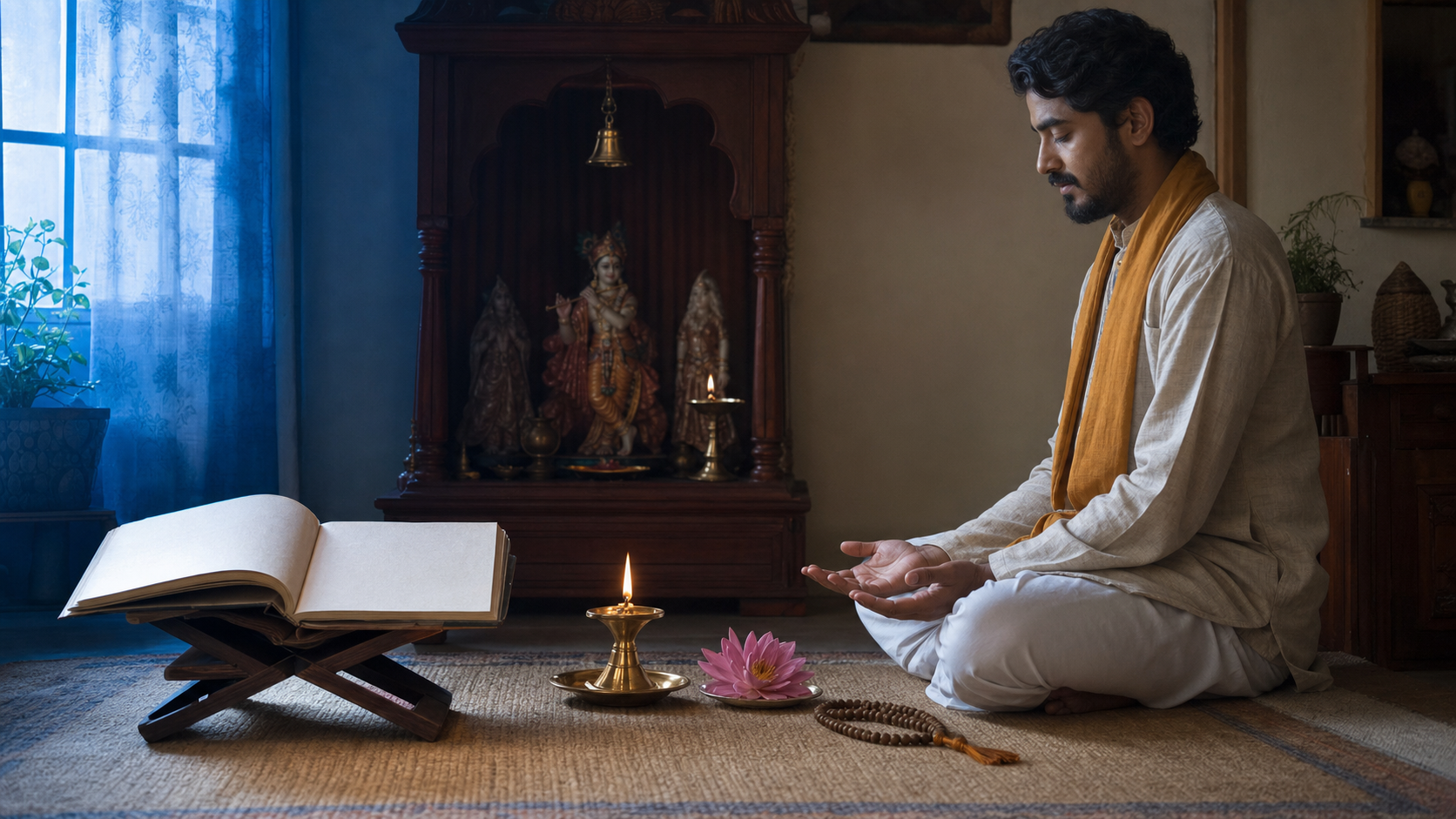 A practitioner sits at a household shrine with an open sacred book, a lit brass lamp, a flower offering, prayer beads, and relaxed open hands.
