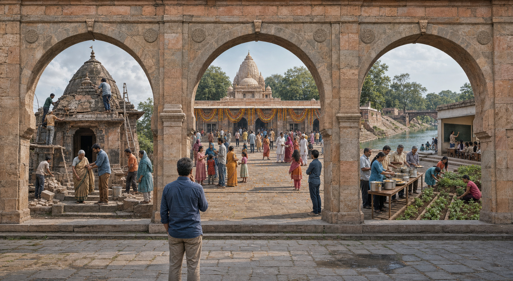 A citizen looks through three stone archways showing volunteers repairing a shrine, an open festival courtyard, and a community kitchen beside a classroom garden.