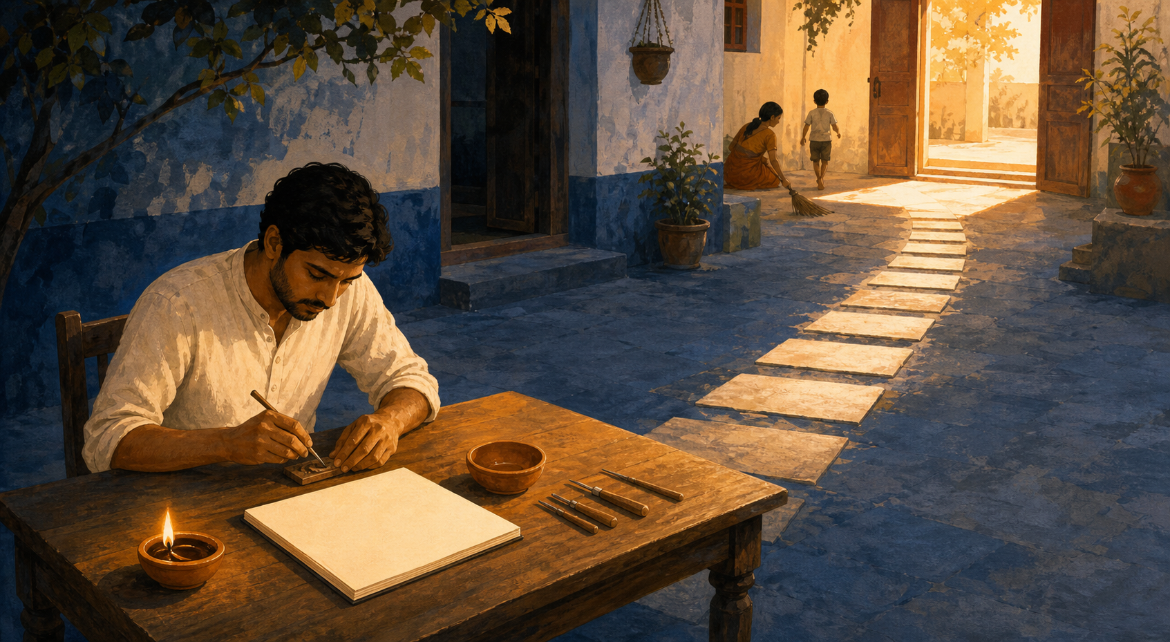 A person works at a simple table in a dawn-lit courtyard as stepping stones lead toward an open, sunlit doorway.