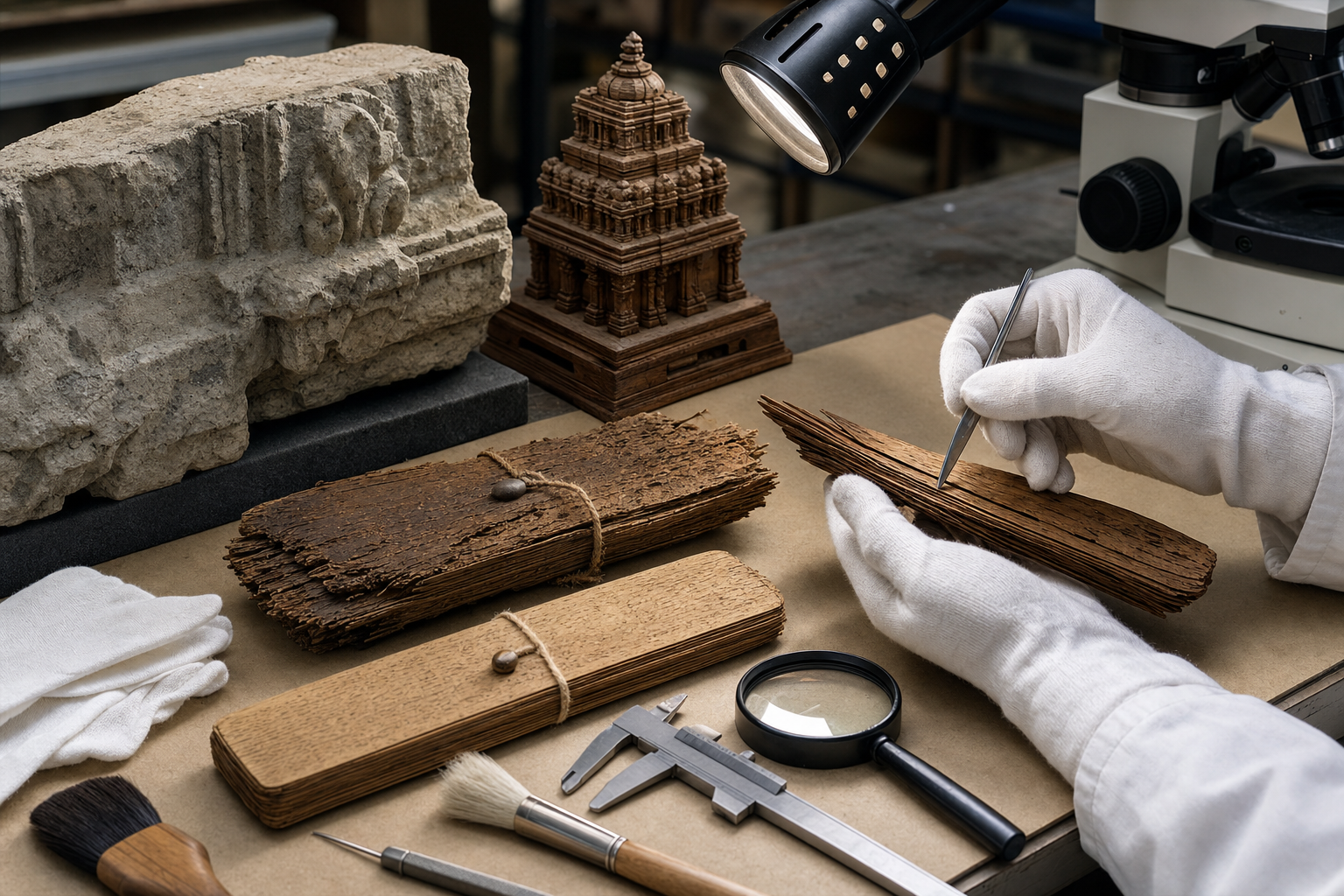 Gloved hands examine stone, palm-leaf manuscript bundles, and a temple model beside conservation and measuring tools on a research table.