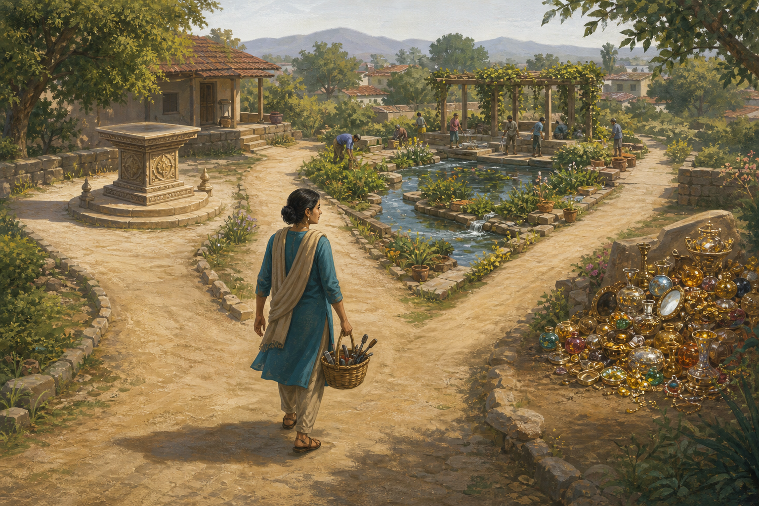 A person carrying tools chooses a path toward a communal garden instead of paths leading to an empty pedestal and decorative objects.