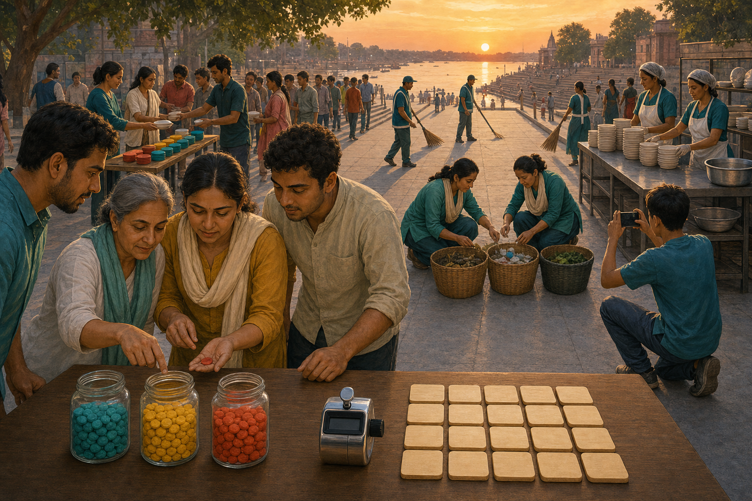 Volunteers manage an accessible route, reusable bowls, supplies, and waste sorting while coordinators review text-free counters and colored pebbles at a public courtyard.