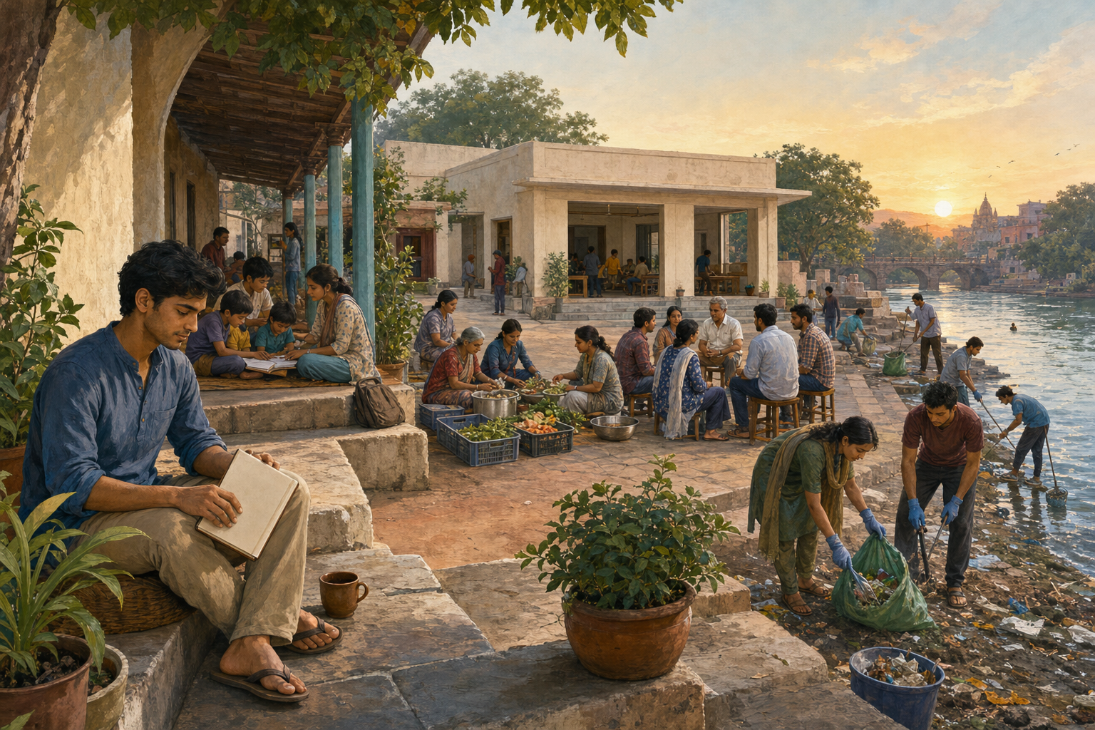Residents clean a riverside ghat, prepare food, tutor children, and hold a neighborhood meeting as a young adult closes a journal in the foreground.