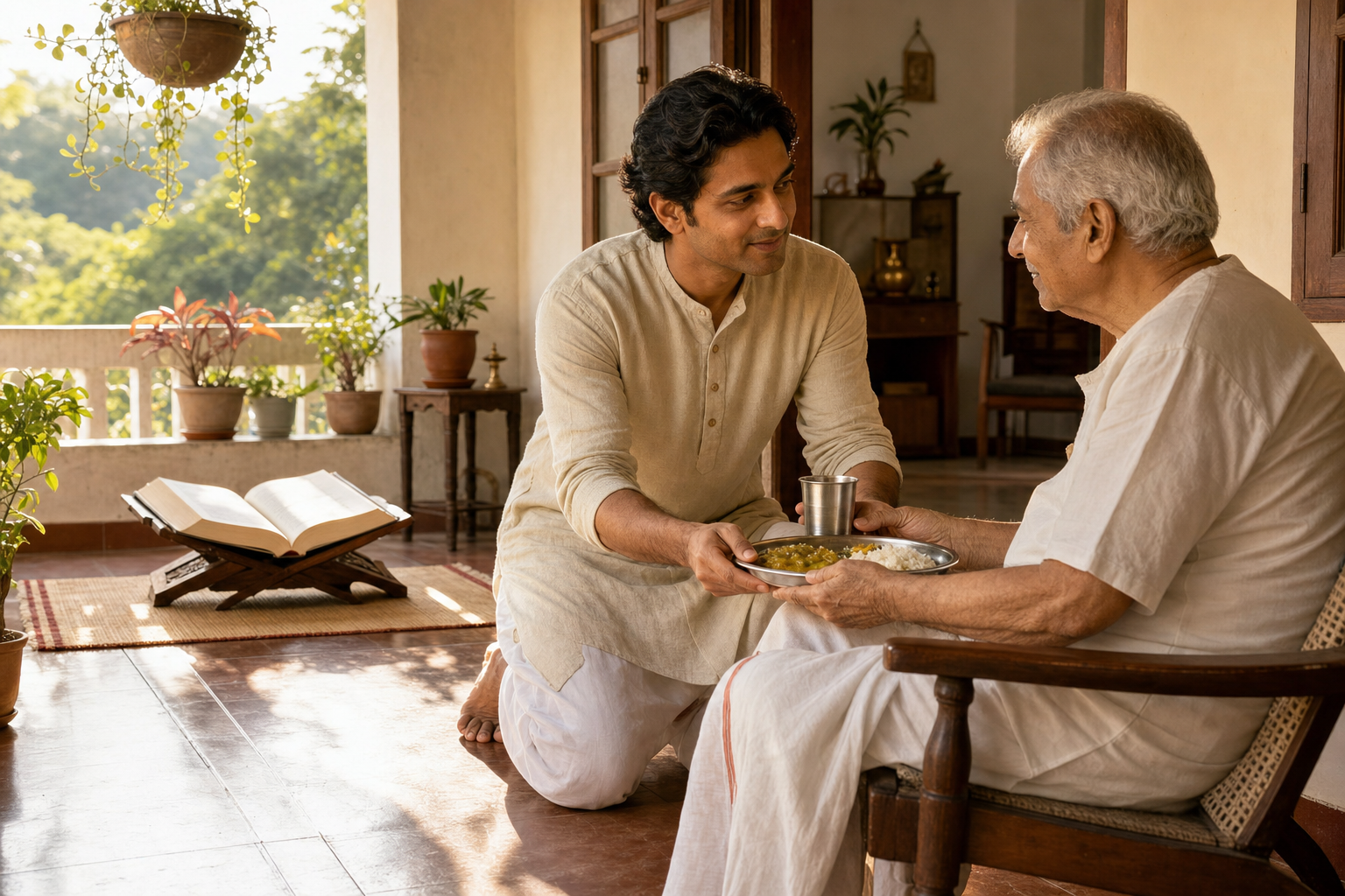 A person serves food and water to an elderly family member while an open sacred book remains on a stand in the background.