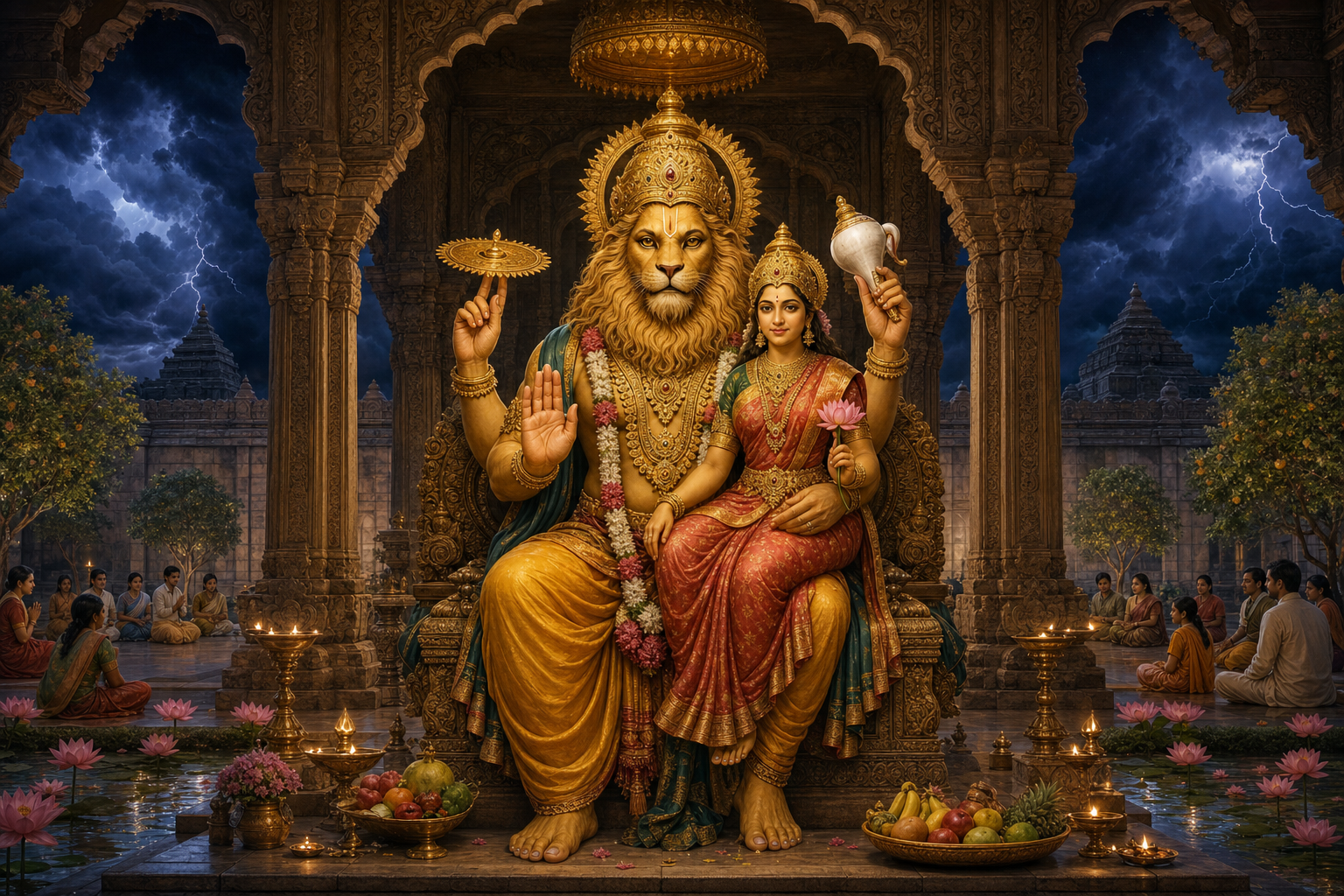 Lakshmi sits with the calm lion-faced Narasimha beneath a temple pavilion as a storm surrounds a protected, lamp-lit courtyard.