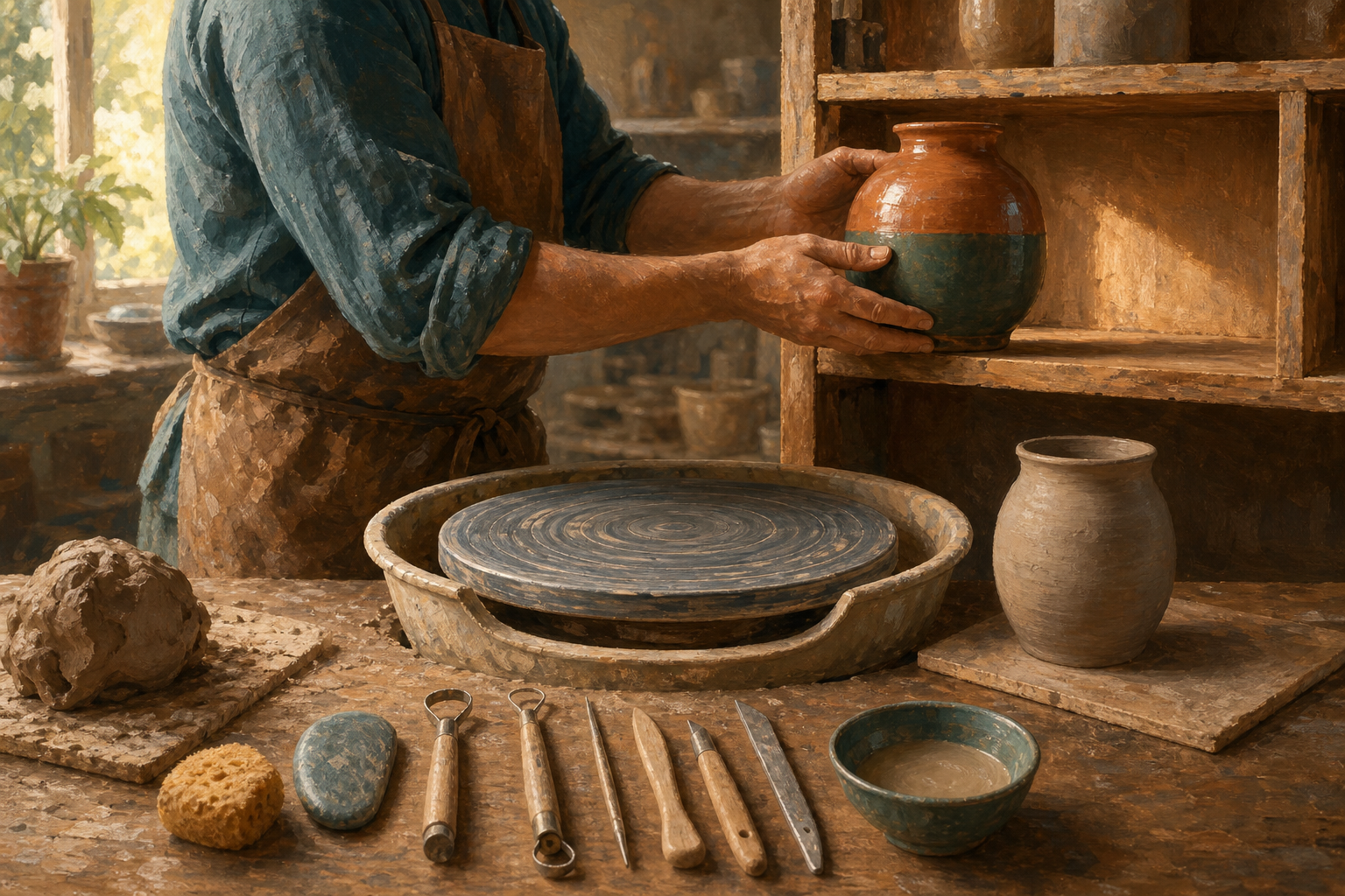 A craftsperson places a finished clay vessel on a shelf beside a potter's wheel, raw clay, and cleaned tools.