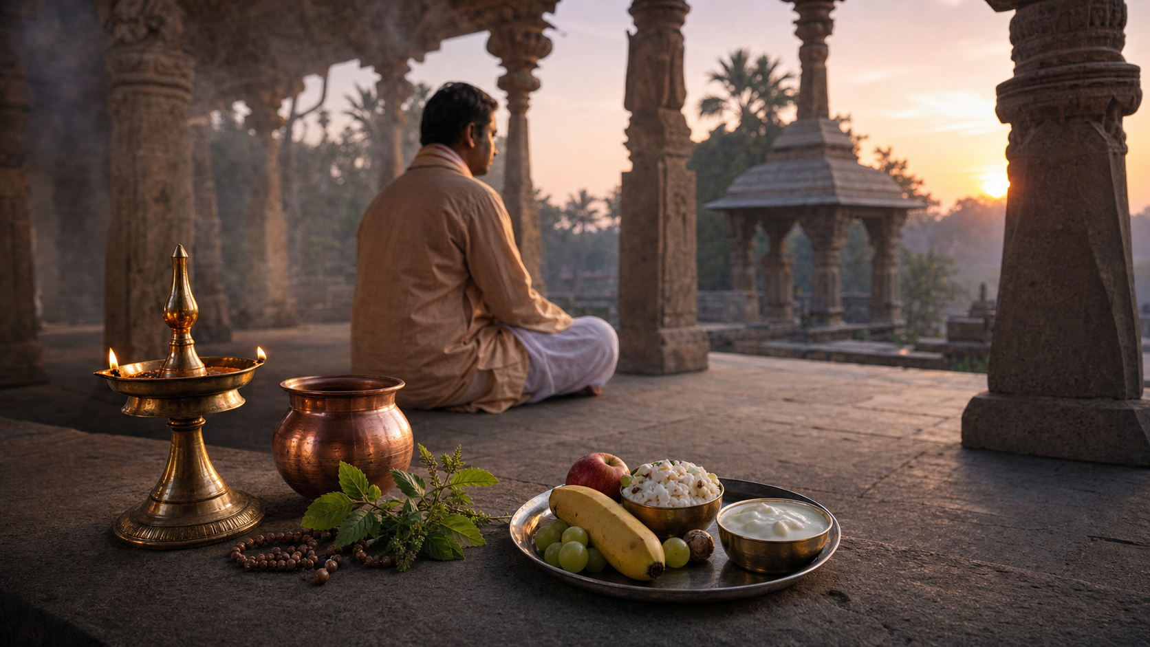 A devotee prays at dawn beside an oil lamp, copper water vessel, tulsi leaves, prayer beads, fruit, and a simple meal in a temple courtyard.