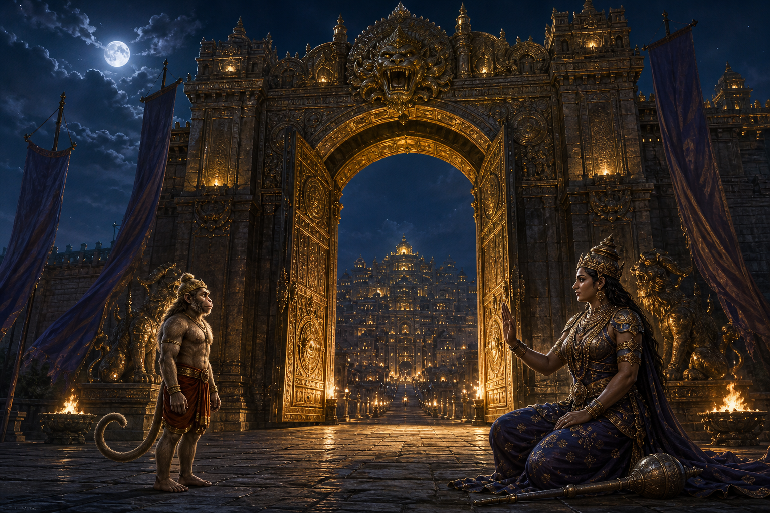 Hanuman stands with lowered hands before the kneeling guardian Lankini at an open, moonlit gateway to Lanka.