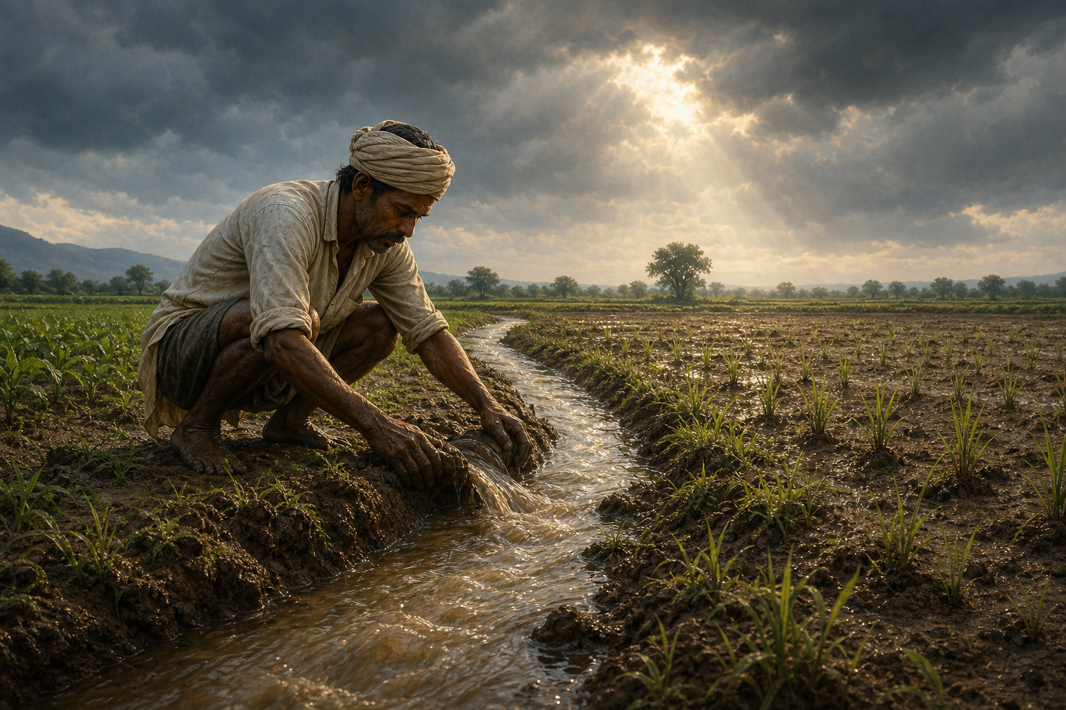 A farmer carefully guides water through an irrigation channel toward young plants beneath clearing monsoon clouds.
