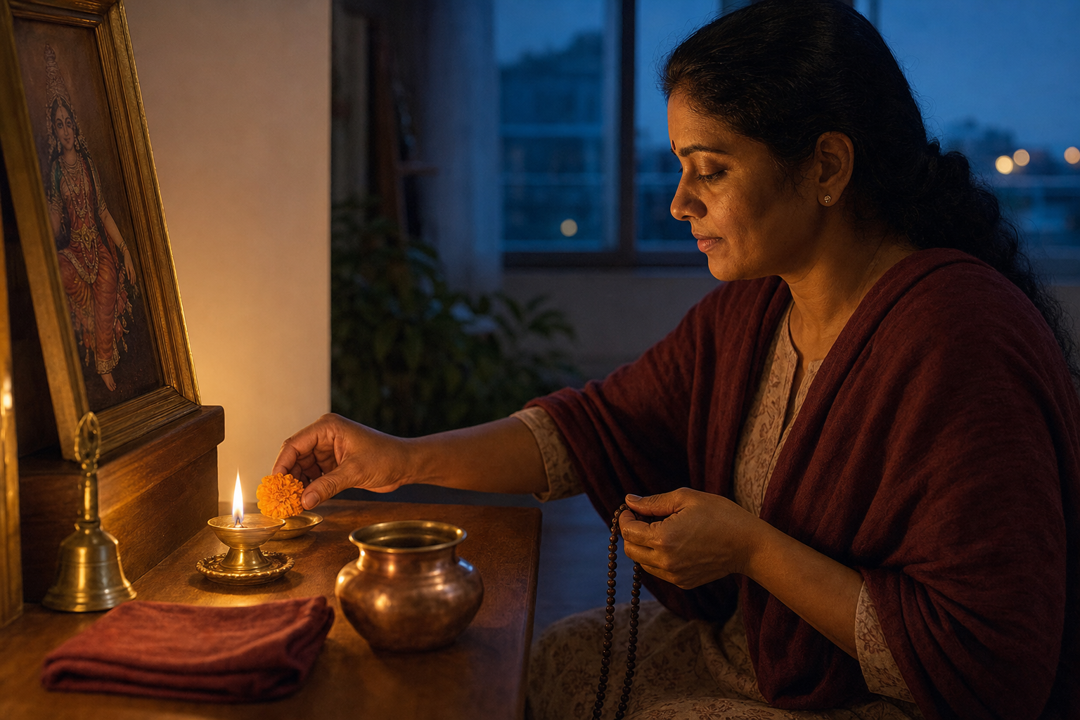 A seated devotee offers a marigold at a home prayer space beside a brass lamp, prayer beads, a bell, and a copper vessel.