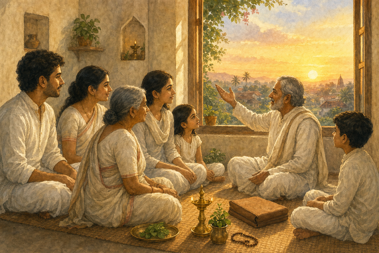A multigenerational family listens to a religious guide near a home shrine as sunrise appears through an open window.