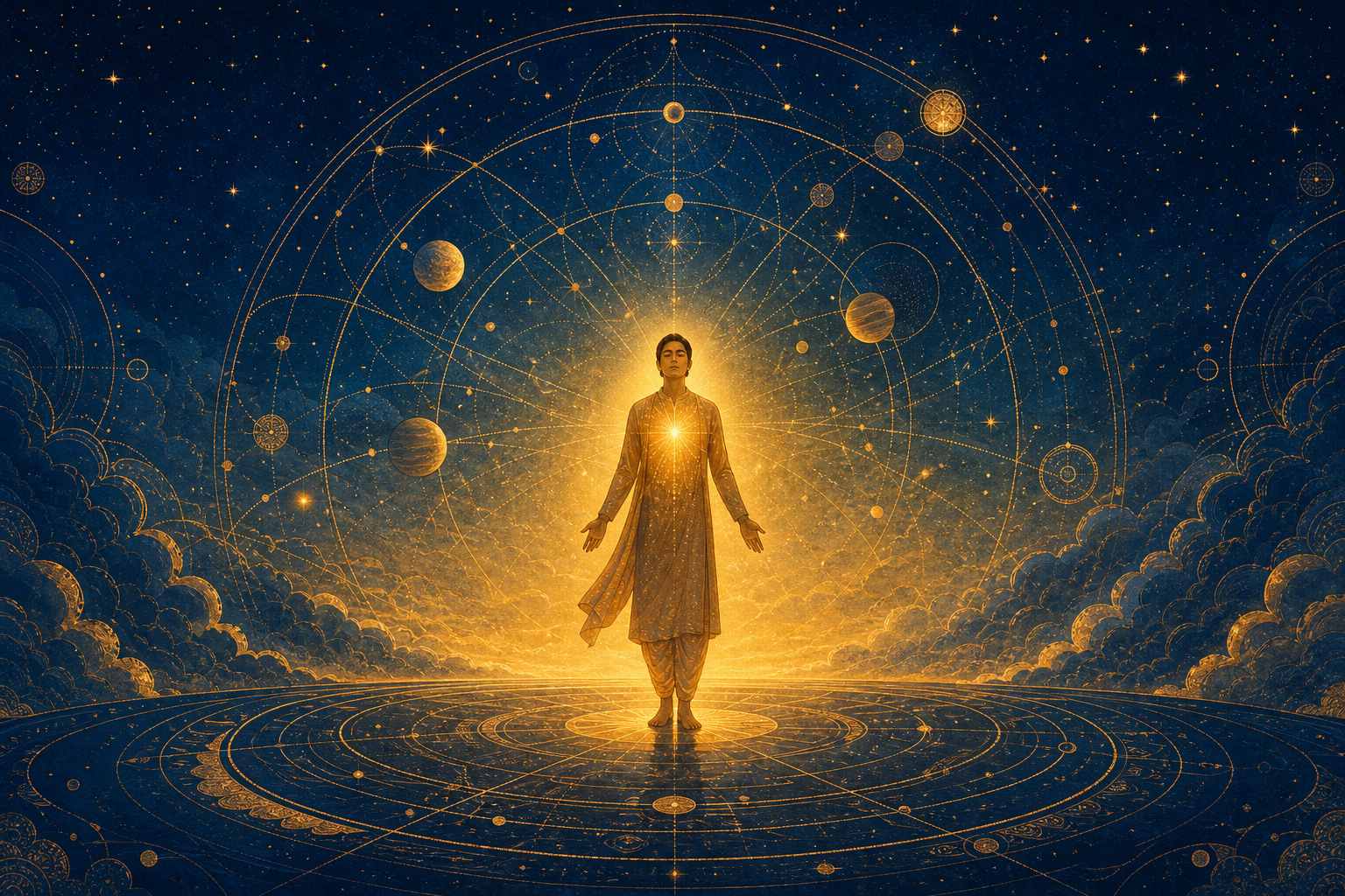 A luminous human figure stands within circular celestial patterns while light from the head and heart extends beyond them.