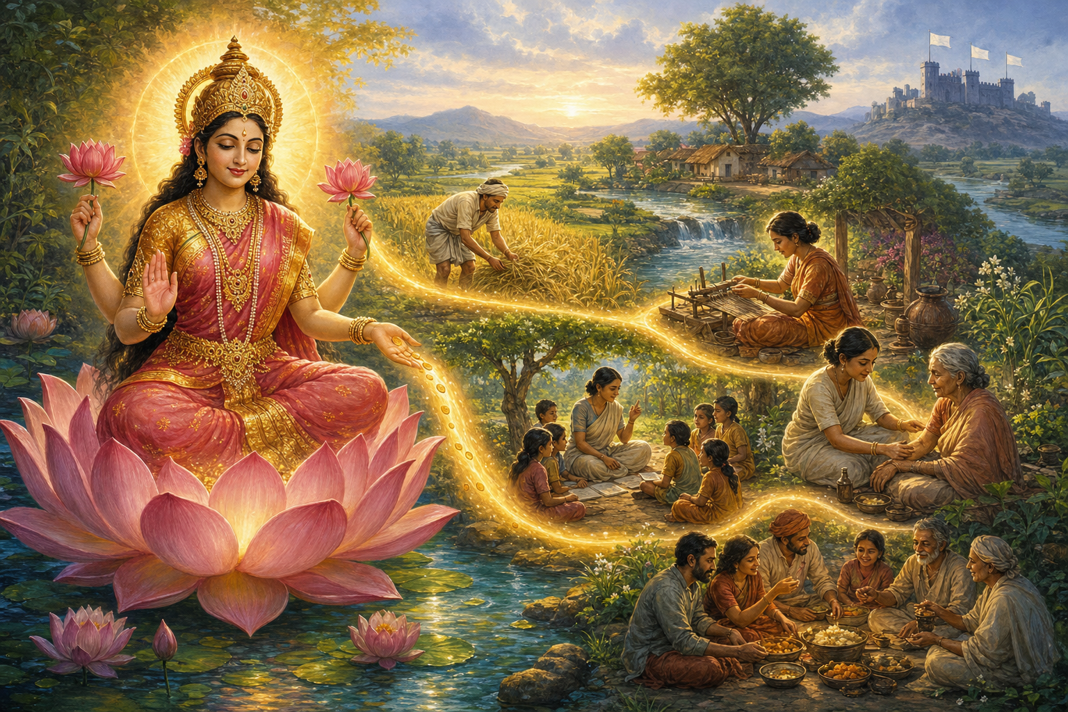 Lakshmi sits on a lotus while warm light reaches farmers, artisans, students, caregivers, and neighbors, with a shadowed fortress in the distance.