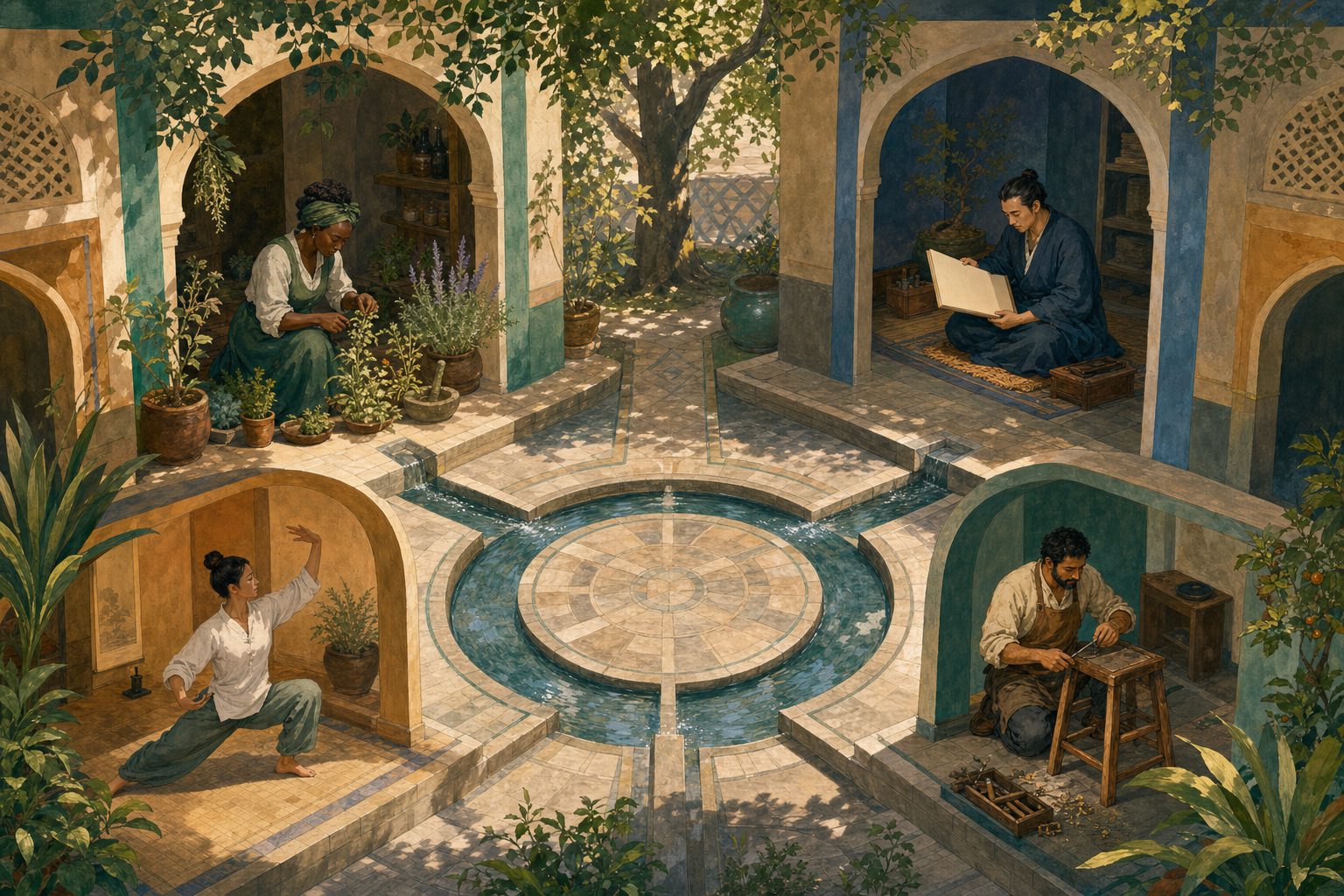 Four people study, tend plants, practice movement, and repair furniture in separate courtyard spaces connected by the same stonework and water channel.